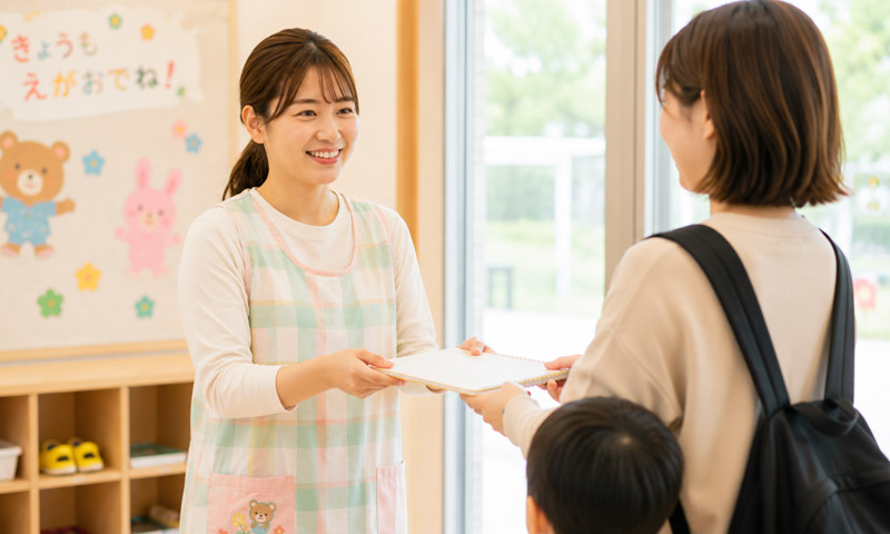 先輩インタビュー 保育士Bさん 降所時に保護者と話しているBさん 社会福祉法人 立葵会 岐阜県瑞穂市「タチアオイの教室」