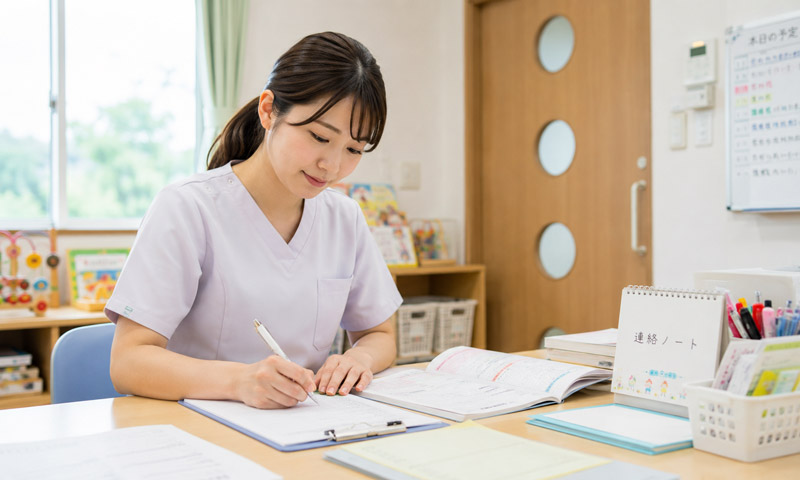 看護師の1日の流れ 書類作業をしている看護師 社会福祉法人 立葵会 岐阜県瑞穂市「タチアオイの教室」
