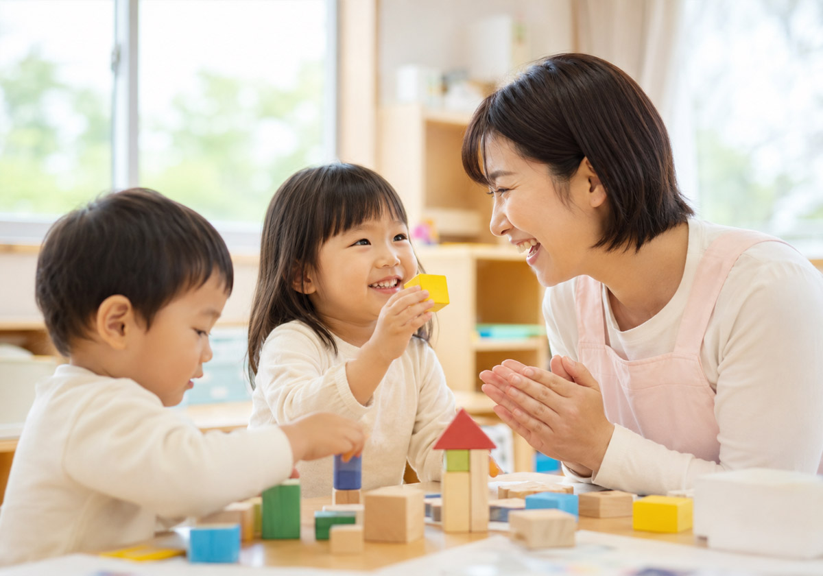 教室の明るい室内で、スタッフと小さなお子様が遊んでいる