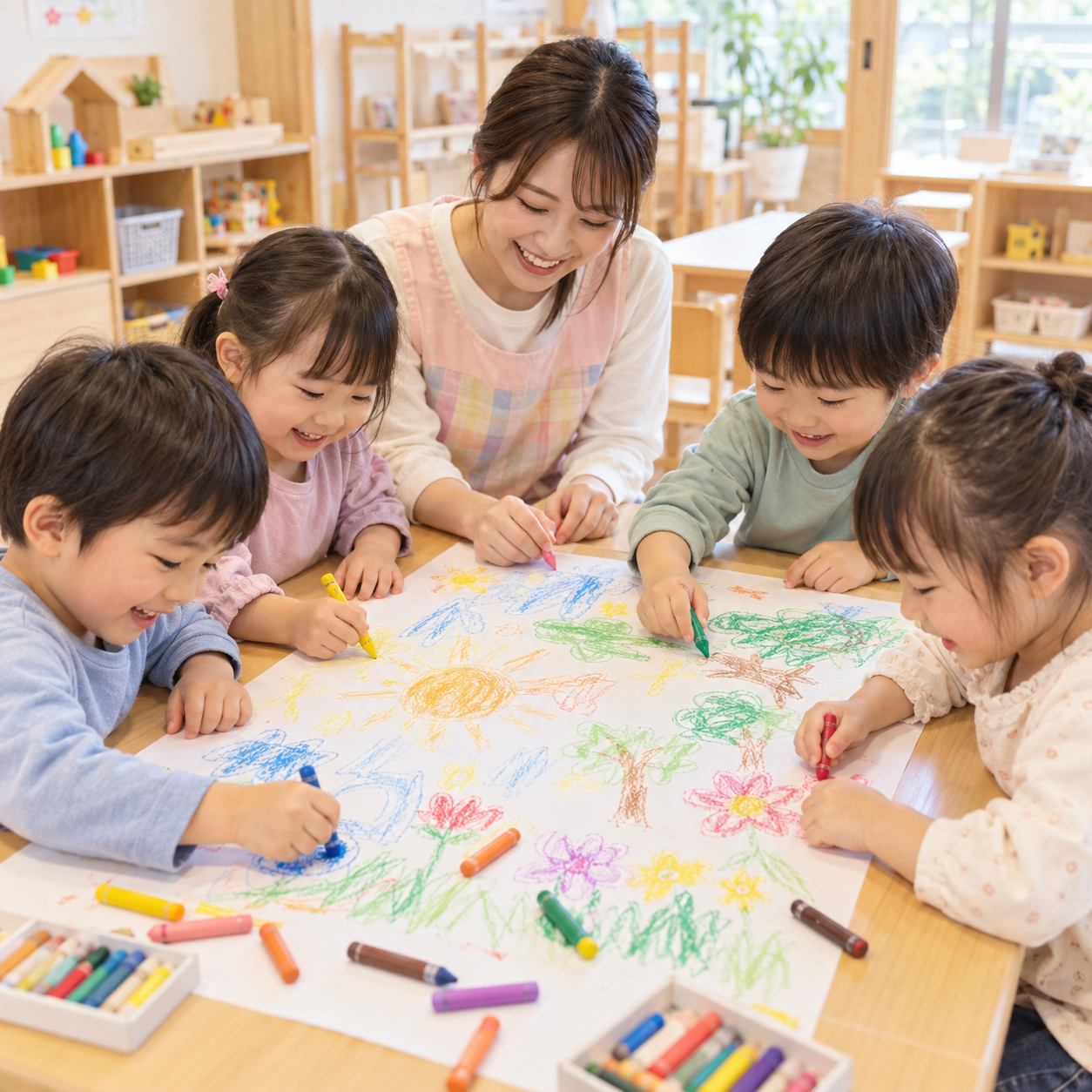 さくら組　みんなで一緒に絵を描く製作　児童発達支援 立葵の教室　社会福祉法人 立葵会　岐阜県瑞穂市